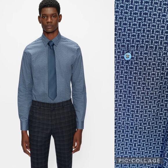 Ted Baker Dot Print Button Down Dress Shirt Navy Sz 6 (2XL) Office Preppy Dressy - Picture 1 of 16